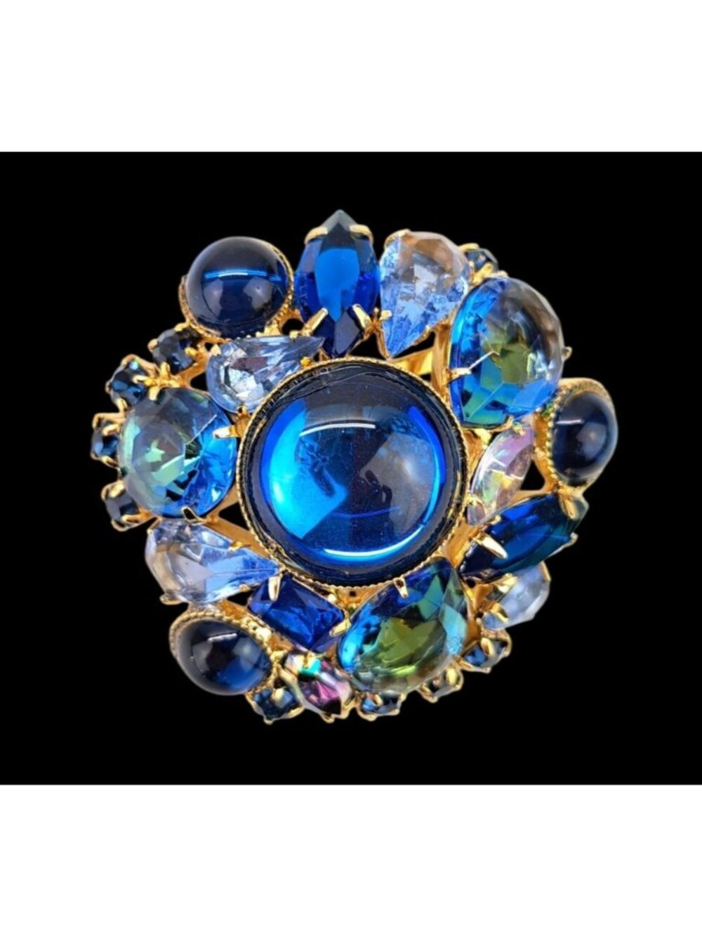Vintage Blue Rhinestone Round Brooch Pin Dome Cabochon Navette Cluster Statement - Picture 2 of 11